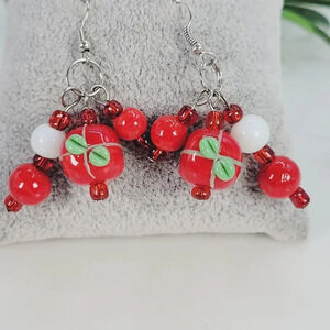 Christmas Art Glass Earrings Green Holly Present Red White Ornaments Pie…